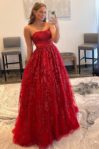 A Line Strapless Red Long Prom Dress