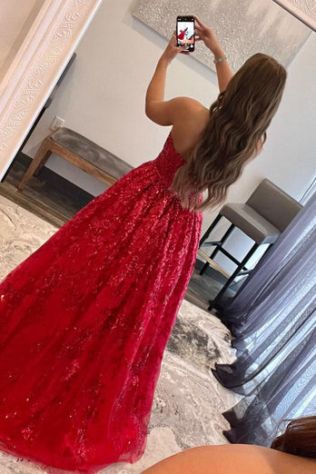 A Line Strapless Red Long Prom Dress