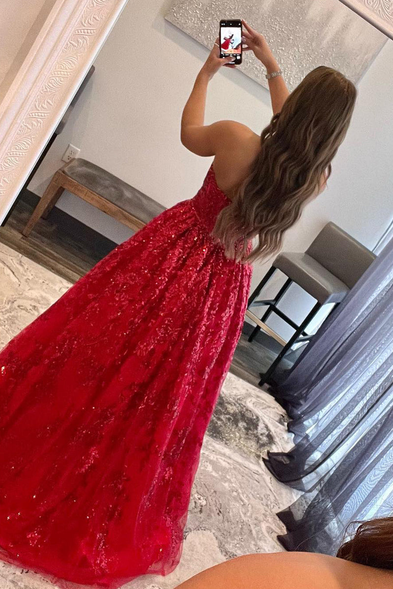 Load image into Gallery viewer, A Line Strapless Red Long Prom Dress