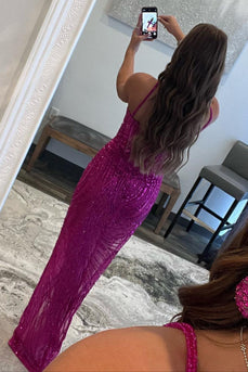 Sparkly Fuchsia Sheath Sequins Long Prom Dress with Slit