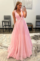 Load image into Gallery viewer, Light Pink V-Neck Tulle Long Prom Dress with Open Back