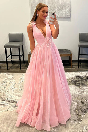 Light Pink V-Neck Tulle Long Prom Dress with Open Back