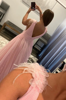 Light Pink V-Neck Tulle Long Prom Dress with Open Back