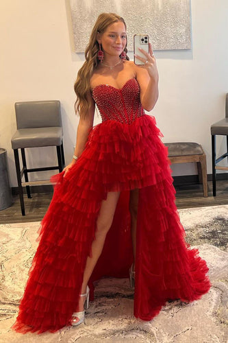 Red Tulle High-Low Prom Dress