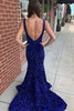 Load image into Gallery viewer, Mermaid Blue V-Neck Sequins Long Prom Dress