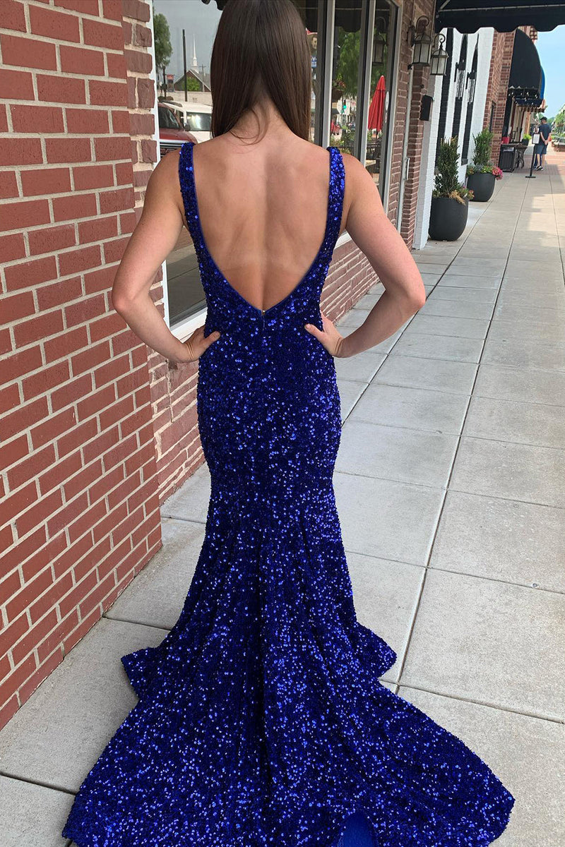 Load image into Gallery viewer, Mermaid Blue V-Neck Sequins Long Prom Dress