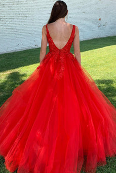 Red A-Line V-Neck Long Prom Dress With Appliques