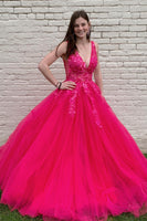 Load image into Gallery viewer, Red A-Line V-Neck Long Prom Dress With Appliques