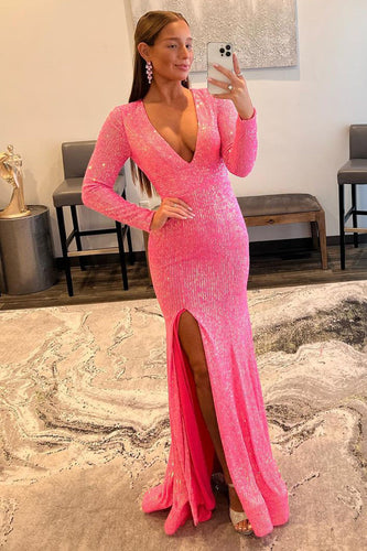 Sheath Deep V Neck Pink Sequins Long Prom Dress with Split Front