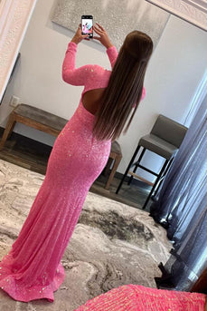 Sheath Deep V Neck Pink Sequins Long Prom Dress with Split Front