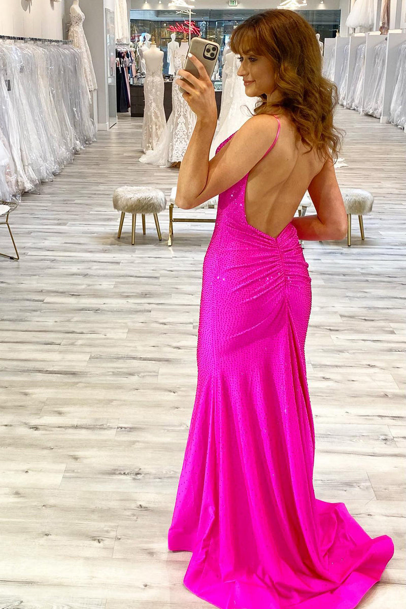 Load image into Gallery viewer, Sparkly Hot Pink Mermaid Sequins Long Prom Dress with Slit