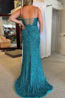 Load image into Gallery viewer, Sparkly Turquoise Mermaid Sequins Long Prom Dress with Fringes
