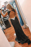 Load image into Gallery viewer, Black Deep V-Neck Mermaid Prom Dress with Slit