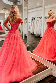 Coral A-Line Prom Dress with Appliques
