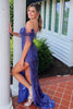 Load image into Gallery viewer, Sheath Off the Shoulder Blue Sequins Long Prom Dress with Feathers