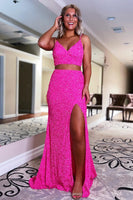 Load image into Gallery viewer, Two Piece Orange Sequins Mermaid Prom Dress with Slit