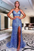 Load image into Gallery viewer, Two Piece Orange Sequins Mermaid Prom Dress with Slit