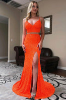 Load image into Gallery viewer, Two Piece Orange Sequins Mermaid Prom Dress with Slit
