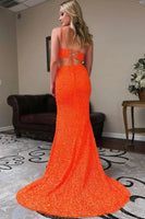 Load image into Gallery viewer, Two Piece Orange Sequins Mermaid Prom Dress with Slit