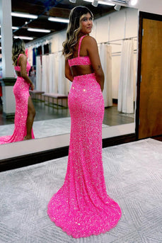 Hot Pink Sequins Hollow-Out Mermaid Prom Dress