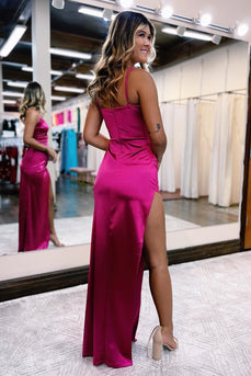 Hot Pink Satin V-Neck Simple Prom Dress with Slit