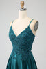 Load image into Gallery viewer, Peacock Green A-Line Spaghetti Straps Long Prom Dress with Slit
