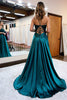 Load image into Gallery viewer, Dark Green Satin A-Line Appliques Prom Dress with Slit