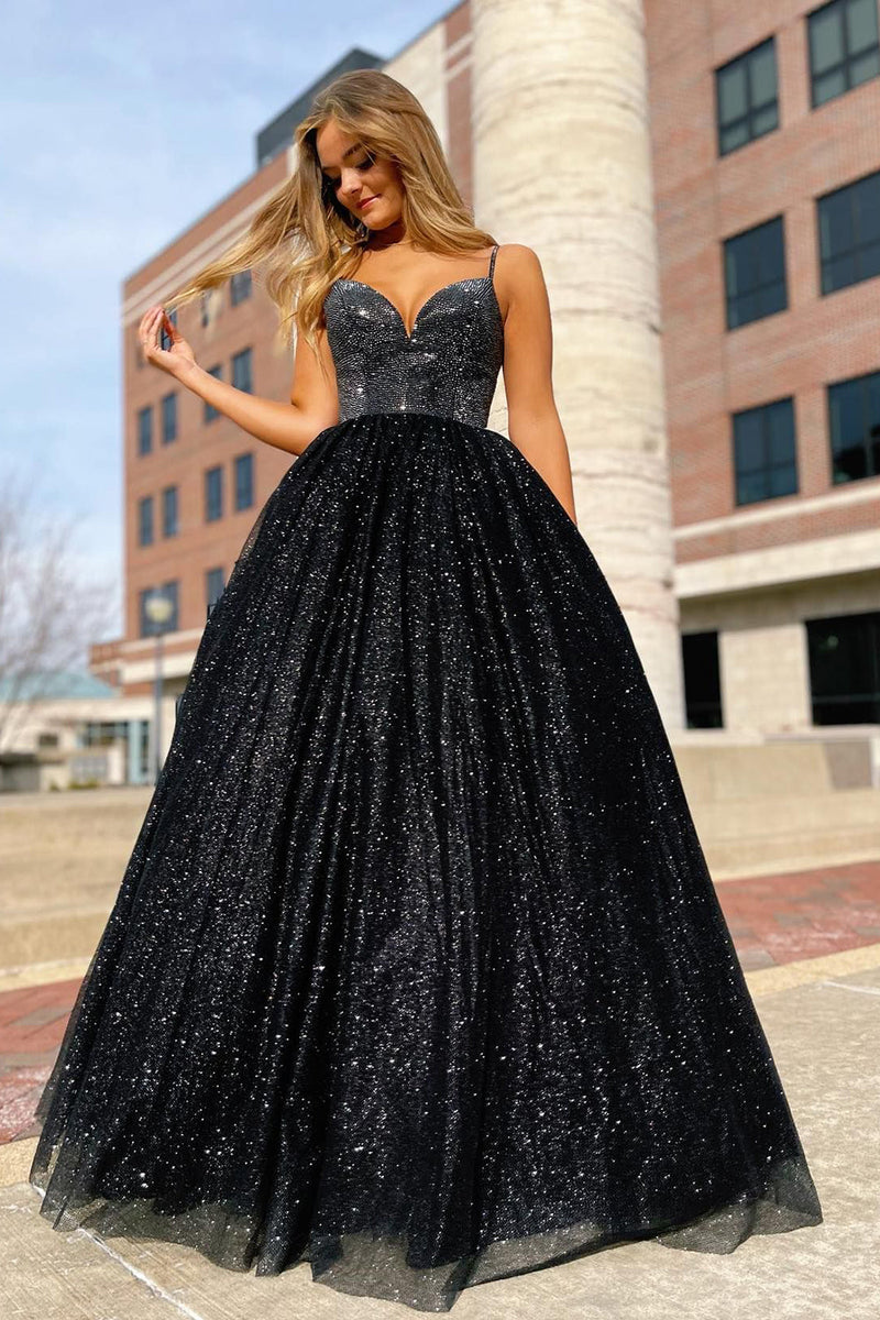 Load image into Gallery viewer, Sparkly Black Spaghetti Straps A-Line Prom Dress