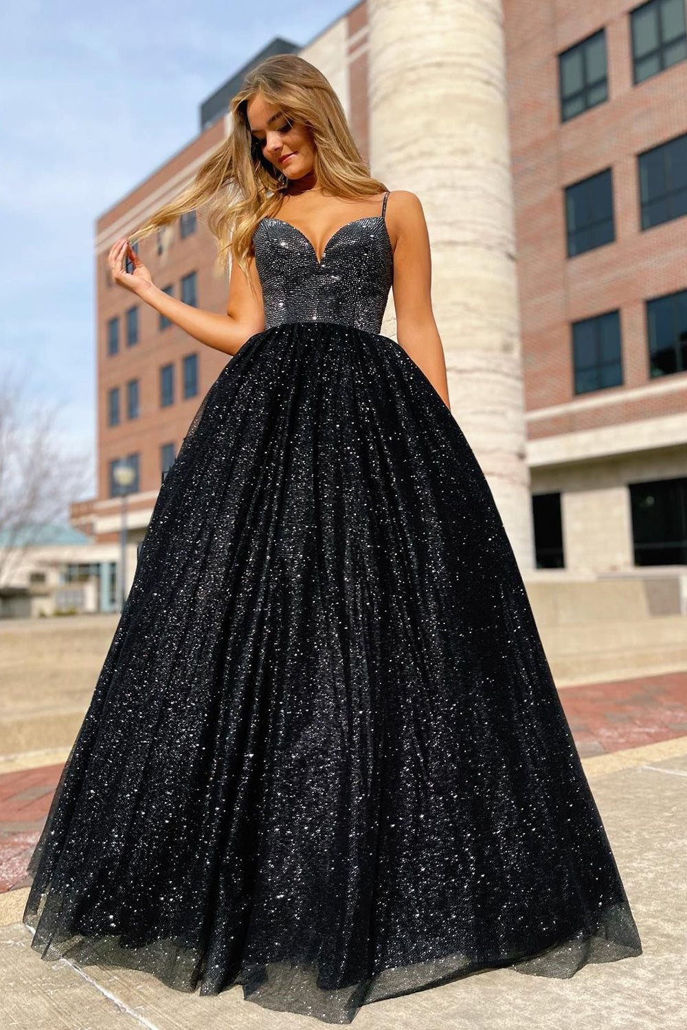 Sparkly Black Spaghetti Straps A-Line Prom Dress