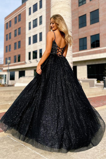 Sparkly Black Spaghetti Straps A-Line Prom Dress