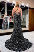 Load image into Gallery viewer, Sequins Lace-up Back Black Mermaid Prom Dress with Slit