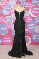Load image into Gallery viewer, Mermaid Spaghetti Straps Black Sequins Long Prom Dress with Split Front