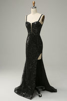 Load image into Gallery viewer, Sparkly Blue Sheath Sequins Long Prom Dress with Slit