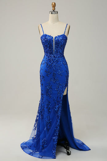 Sparkly Blue Sheath Sequins Long Prom Dress with Slit