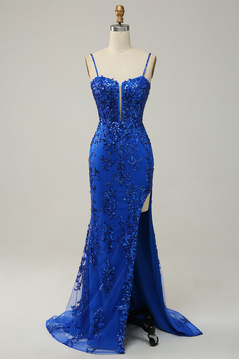 Load image into Gallery viewer, Sparkly Blue Sheath Sequins Long Prom Dress with Slit