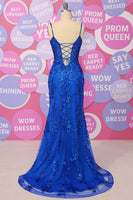 Load image into Gallery viewer, Royal Blue Mermaid Spaghetti Straps Sequins Prom Dress with Split Front