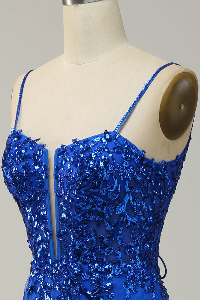 Load image into Gallery viewer, Mermaid Spaghetti Straps Royal Blue Sequins Long Prom Dress with Split Front