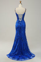 Load image into Gallery viewer, Mermaid Spaghetti Straps Royal Blue Sequins Long Prom Dress with Split Front
