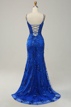 Mermaid Spaghetti Straps Royal Blue Sequins Long Prom Dress with Split Front