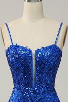 Load image into Gallery viewer, Sparkly Blue Sheath Sequins Long Prom Dress with Slit