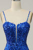 Load image into Gallery viewer, Mermaid Spaghetti Straps Royal Blue Sequins Long Prom Dress with Split Front