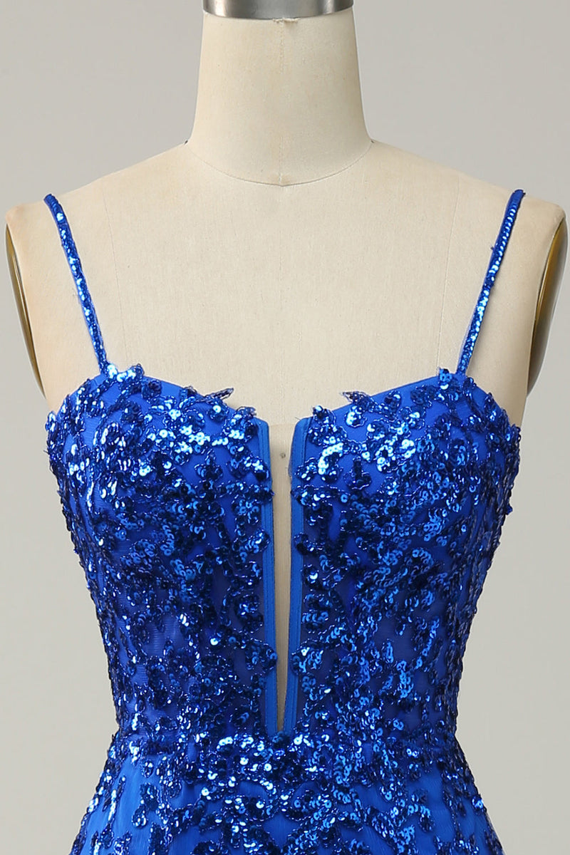 Load image into Gallery viewer, Mermaid Spaghetti Straps Royal Blue Sequins Long Prom Dress with Split Front