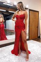 Load image into Gallery viewer, Red Spaghetti Straps Appliques Prom Dress with Slit