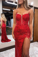 Load image into Gallery viewer, Red Spaghetti Straps Appliques Prom Dress with Slit