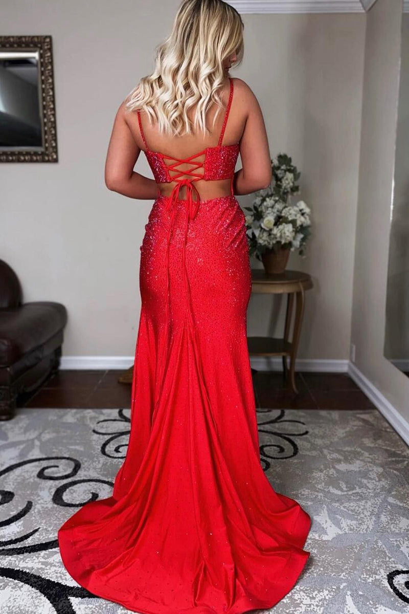 Load image into Gallery viewer, Mermaid Spaghettti Straps Black Sequins Long Prom Dress with Split Front