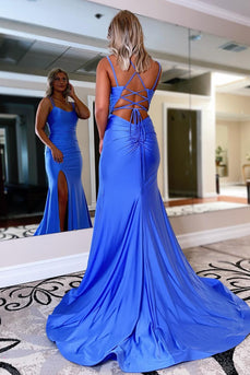 Blue Lace Up Prom Dress With Slit