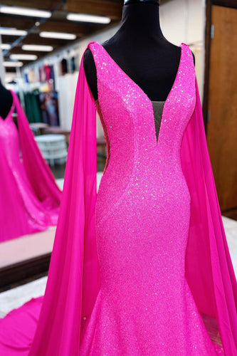 Sparkly Hot Pink Mermaid Long Prom Dress With Wateau Train