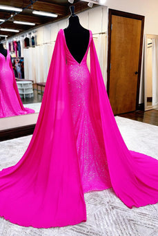 Sparkly Hot Pink Mermaid Long Prom Dress With Wateau Train