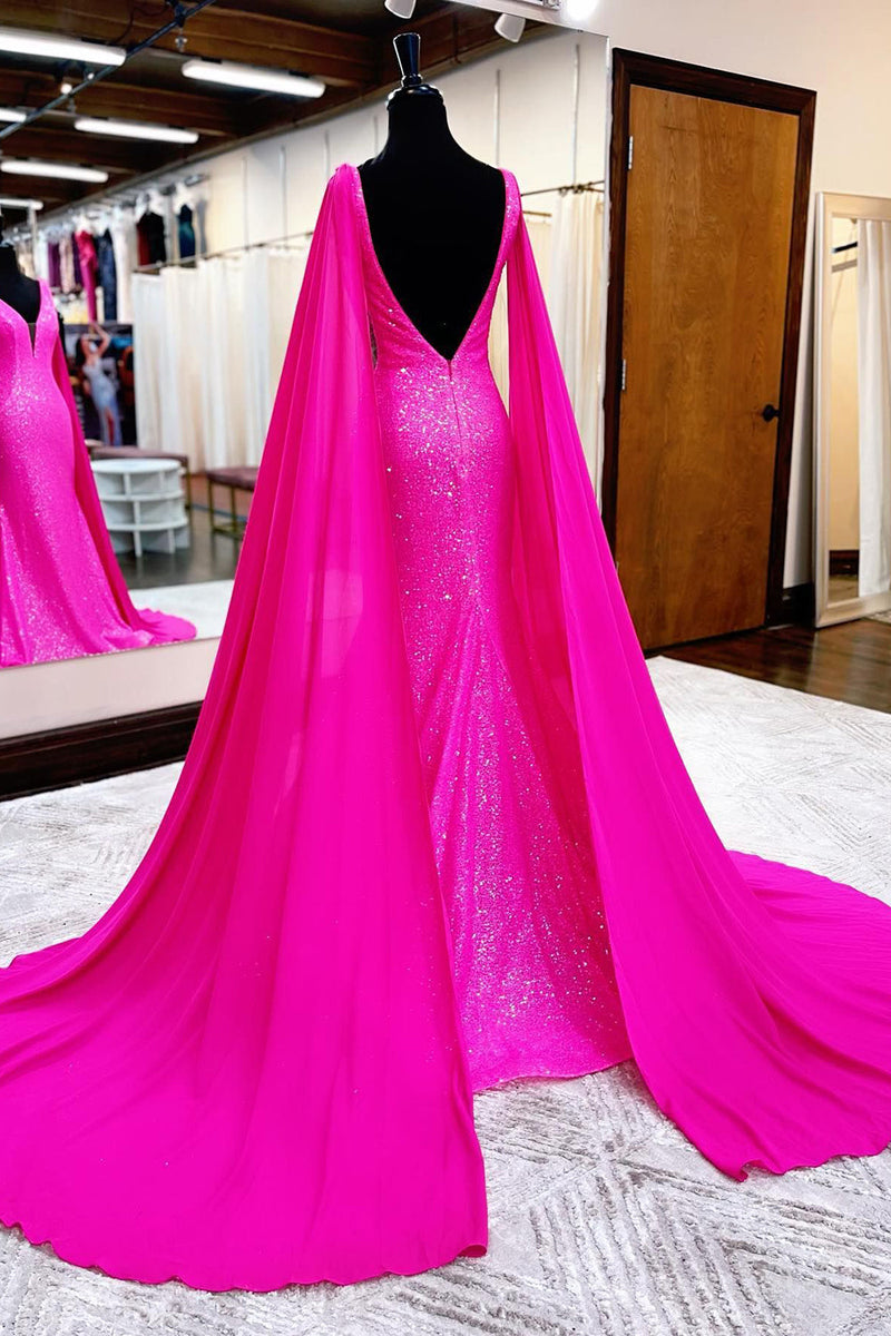 Load image into Gallery viewer, Sparkly Hot Pink Mermaid Long Prom Dress With Wateau Train