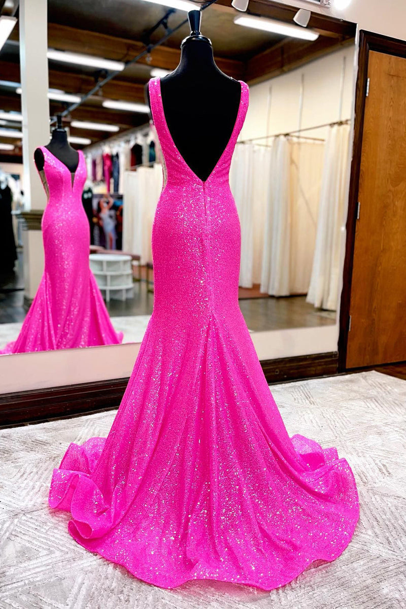 Load image into Gallery viewer, Sparkly Hot Pink Mermaid Long Prom Dress With Wateau Train